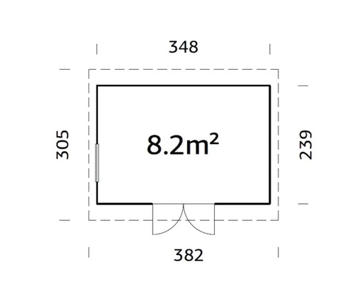 Grundrisszeichnung eines Gartenhauses mit Flächenangabe 8,2 Quadratmeter und Maßangaben in Zentimeter