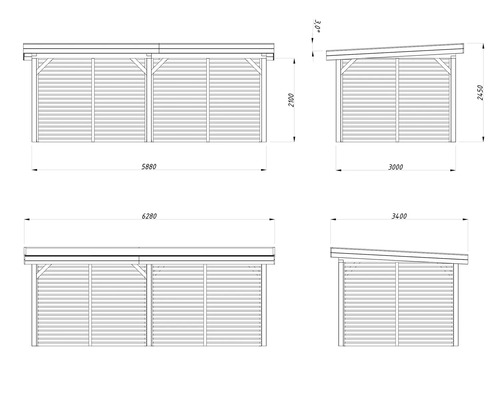 Technische Zeichnung eines Carports mit seitlichen Wänden und Größenangaben.