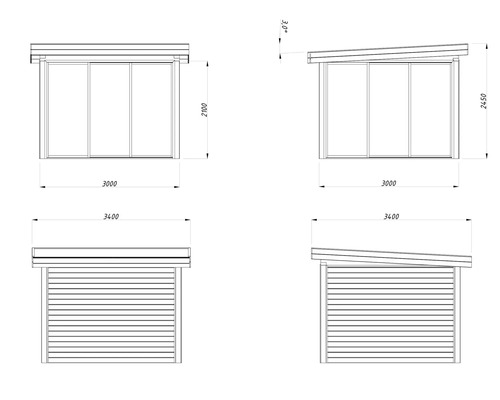 Technische Zeichnung eines Gerätehauses mit Schiebetür und den Maßangaben 3400, 3000, 2450 und 2100.