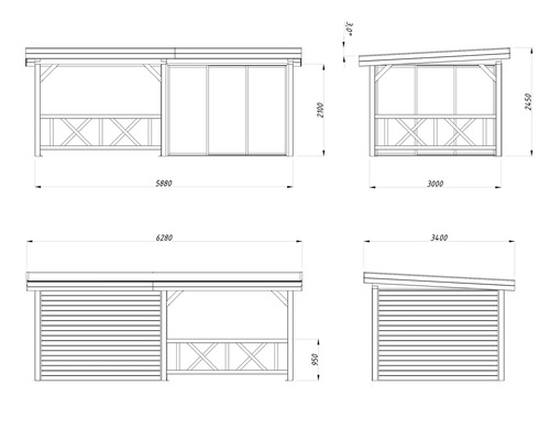 Technische Zeichnung eines Gartenhauses mit Maßangaben.