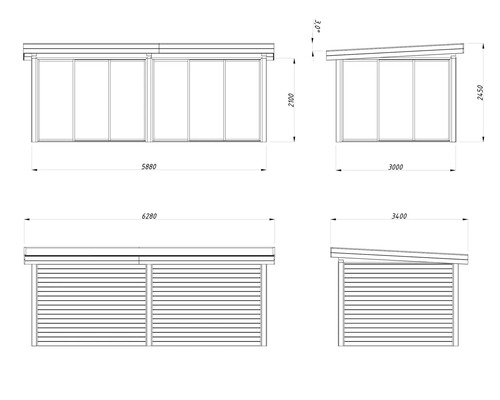 Technische Zeichnung eines Gartenhauses mit Maßangaben
