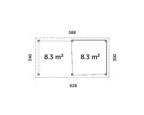 Grundrisszeichnung mit Maßangaben für ein Gartenhaus