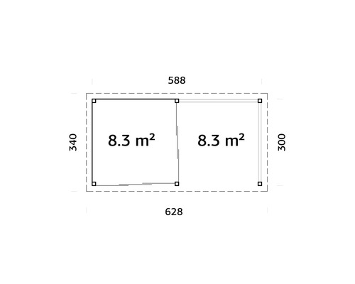 Grundrisszeichnung mit zwei Räumen von je 8,3 Quadratmetern und Abmessungen