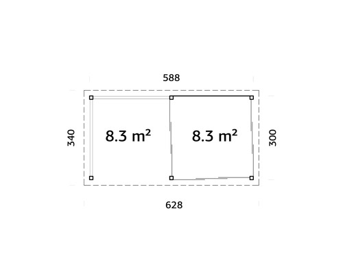 Grundrisszeichnung mit Maßen für ein Gartenhaus, bestehend aus zwei Quadraten von je 8,3 Quadratmeter.