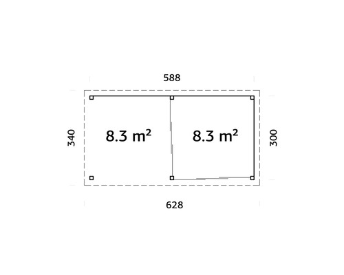 Grundriss eines Gartenhauses mit den Maßen 628 x 588 x 340 x 300 cm und einer Fläche von 8,3 Quadratmetern pro Raum