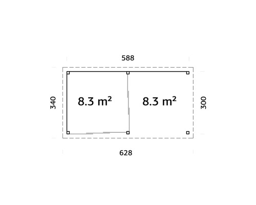 Grundriss mit Maßangaben: 588 x 628 x 340 x 300, jeweils 8.3 Quadratmeter.