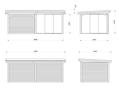 Technische Zeichnung eines Gartenhauses mit Maßangaben