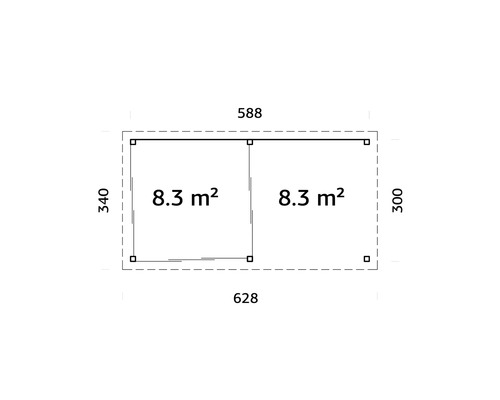 Grundriss mit Abmessungen und einer Fläche von 8.3 Quadratmetern pro Raum