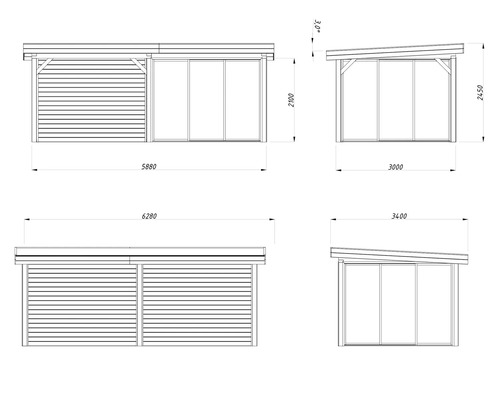 Technische Zeichnung eines Gartenhauses mit Maßen.
