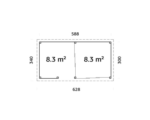 Grundrisszeichnung eines Gartenhauses mit Flächenangaben und Außenmaßen.