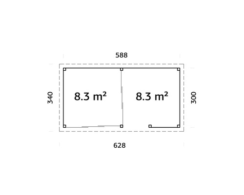 Grundriss eines Gartenhauses mit Flächenangabe der Räume und Abmessungen