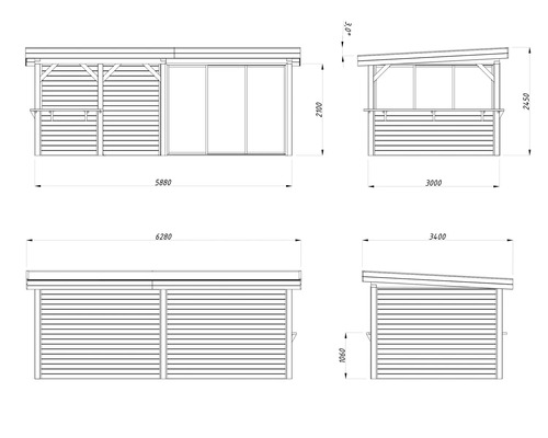 Technische Zeichnung eines Gartenhauses mit Maßangaben.