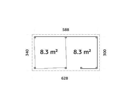 Grundriss eines Gartenhauses mit zwei Räumen je 8.3 Quadratmeter