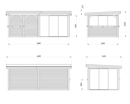 Technische Zeichnung eines Gartenhauses mit Maßen.