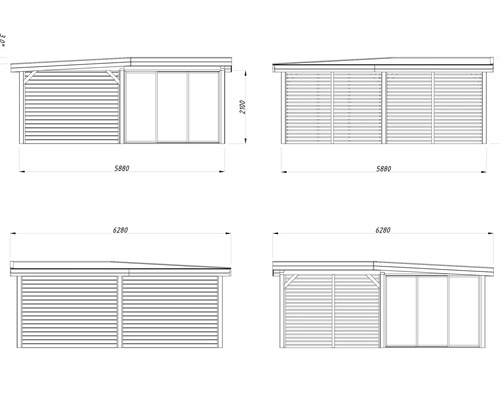 Technische Zeichnung eines Gartenhauses mit Maßen