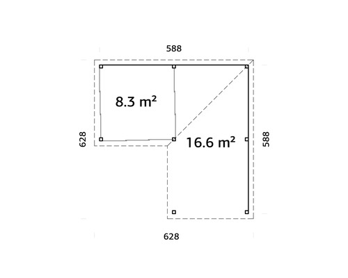 Grundriss eines Gartenhauses mit den Maßen 628 x 588 cm und einer Fläche von 8,3 m² bzw. 16,6 m².