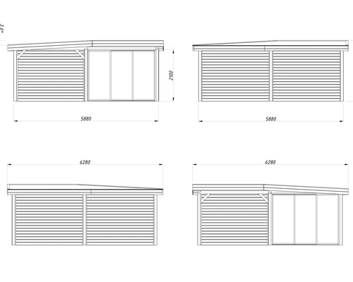 Technische Zeichnung eines Gartenhauses mit Abmessungen
