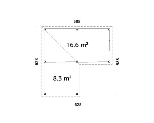 Grundriss eines Gartenhauses mit den Maßen 588 mal 588 und 628 mal 628, die sich zu einer Fläche von 16,6 Quadratmetern und 8,3 Quadratmetern zusammensetzen.