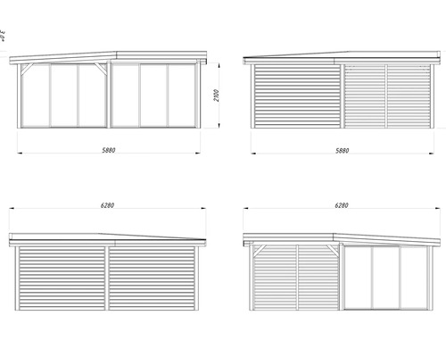 Technische Zeichnung eines Gartenhauses mit Maßangaben