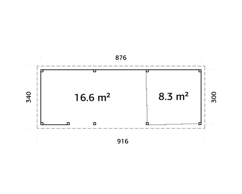 Grundrisszeichnung mit Maßangaben eines Gartenhauses