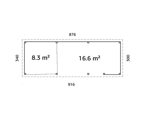 Grundriss eines Gartenhauses mit Flächenangaben und Abmessungen