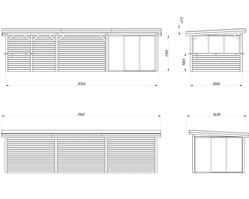 Technische Zeichnung eines Gartenhauses mit Maßen.