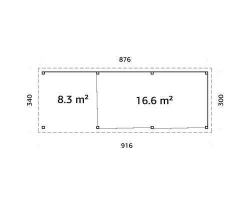 Grundriss einer Gartenhütte mit den Maßen 876 x 340 und 916 x 300 mit Flächenangabe