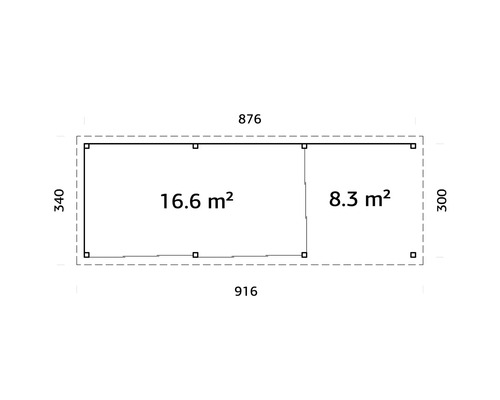 Grundrisszeichnung eines Gartenhauses mit Maßangaben