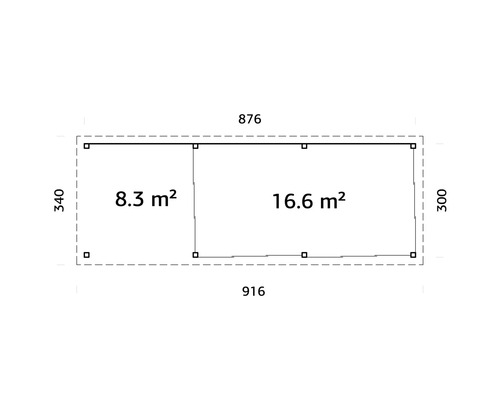 Grundriss eines Gartenhauses mit den Maßen 876 mal 340 und 916 mal 300, unterteilt in Bereiche von 8,3 und 16,6 Quadratmetern