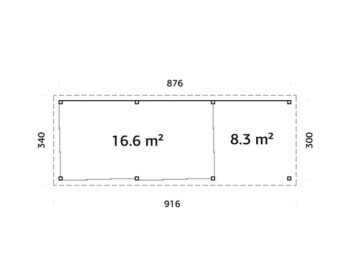 Grundrisszeichnung eines Gartenhauses mit Flächenangaben und Abmessungen.