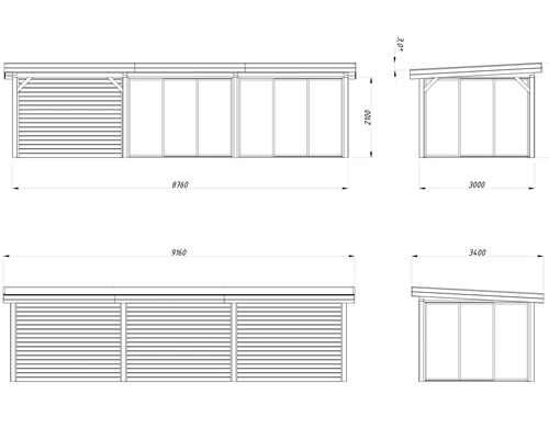 Zeichnung einer Holzgarage mit den Maßangaben Länge 9160 mm, Breite 3400 mm und Höhe 2100 mm.