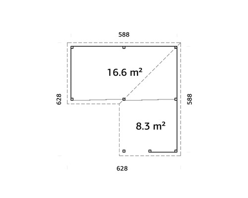 Grundriss eines Gartenhauses mit einer Fläche von 16.6 Quadratmetern und 8.3 Quadratmetern
