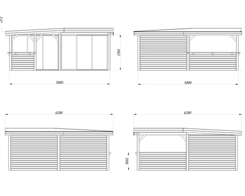 Technische Zeichnung eines Gartenhauses mit den Maßen 5880 x 6280 mm