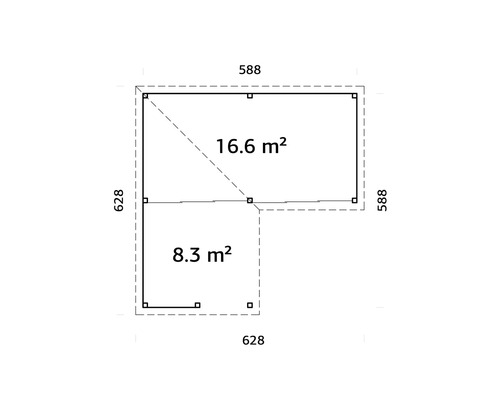 Grundriss eines Gartenhauses mit den Maßen 588 mal 588 und 628 mal 628 Zentimeter und einer Fläche von 16,6 und 8,3 Quadratmetern