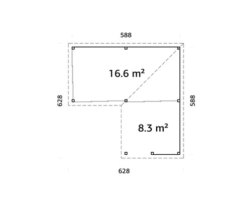 Grundriss mit Flächenangaben 16.6 Quadratmeter und 8.3 Quadratmeter sowie Maßangaben in Millimeter