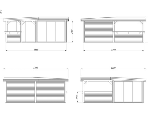 Technische Zeichnung eines Gartenhauses mit Maßen