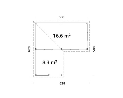 Grundriss eines Gartenhauses mit den Massen 588 mal 588 Zentimeter und 628 mal 628 Zentimeter, Gesamtfläche 16,6 Quadratmeter und 8,3 Quadratmeter
