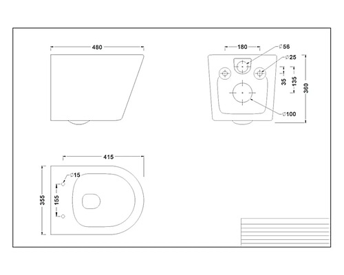 Technische Zeichnung einer Toilette mit Maßangaben