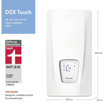 Elektronischer Durchlauferhitzer mit Touchdisplay und den Maßen 46,8 x 23,9 x 9,6 cm