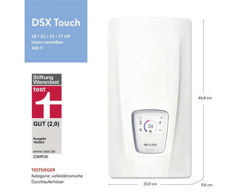 Elektronischer Durchlauferhitzer mit Touchdisplay und den Maßen 46,8 x 23,9 x 9,6 cm