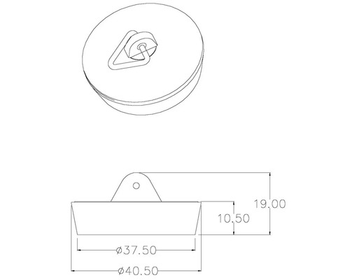 Zeichnung eines Spülbeckenstöpsels mit den Maßen 40,50 mm, 37,50 mm und 19 mm