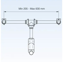 Ablaufgarnitur mit den Maßen minimal 205 bis maximal 630 Millimeter.