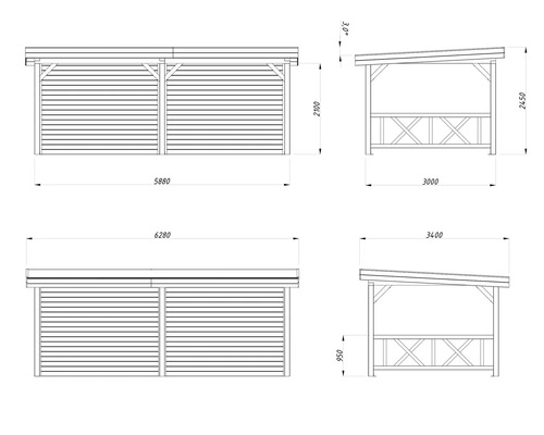Technische Zeichnung einer Doppelgarage aus Holz mit Maßangaben.
