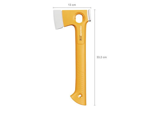 Fiskars X13 Spaltaxt mit einer Länge von 33,2 cm und einer Kopfbreite von 13 cm.