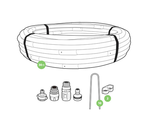 30 Meter Bewässerungsschlauch mit Verbindungsstücken und Halterungen