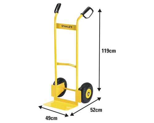 Gelbe Sackkarre mit den Massen 49 cm Breite, 52 cm Tiefe und 119 cm Höhe