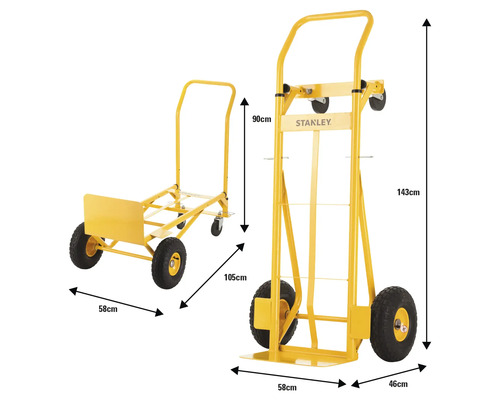 Gelbe Sackkarre und Transportkarre mit Maßangaben.