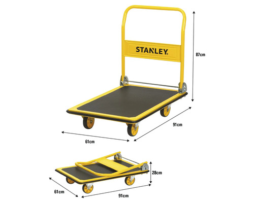 Stanley Transportwagen mit einer Größe von 91 mal 61 Zentimetern in aufgebautem und zusammengeklapptem Zustand.