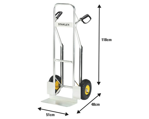 Stanley Sackkarre mit den Maßen 118 cm Höhe, 48 cm Tiefe und 51 cm Breite.