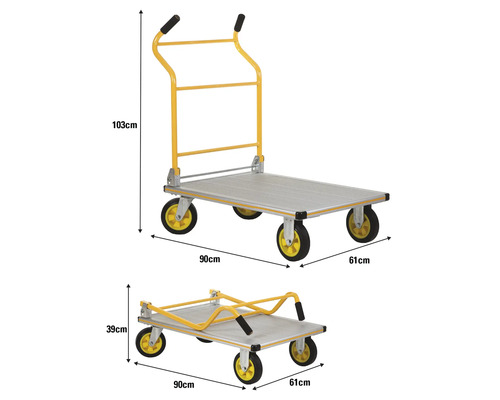 Zwei Ansichten einer Transportkarre mit Plattform aus Aluminium, einmal aufgeklappt mit einer Höhe von 103 Zentimetern und einmal zusammengeklappt mit einer Höhe von 39 Zentimetern.